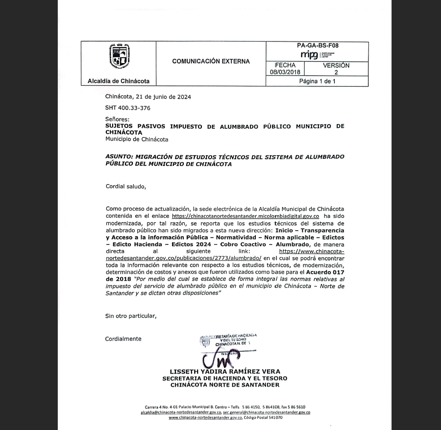 Migración de Estudios Técnicos del Sistema de Alumbrado Público del Municipio de Chinácota
